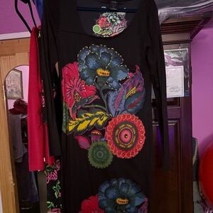 Desigual Black Floral Sheath Dress Long Sleeve Embellished Sz XXL (Fits M/L)